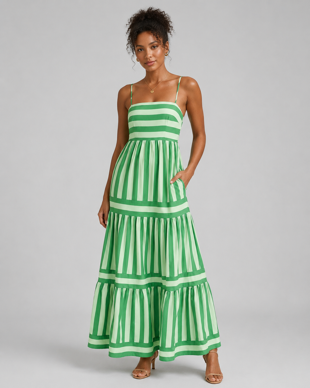 Striped Tiered Maxi Dress - Square Neck Spaghetti Strap Flowy Boho Summer Vacation Sundress
