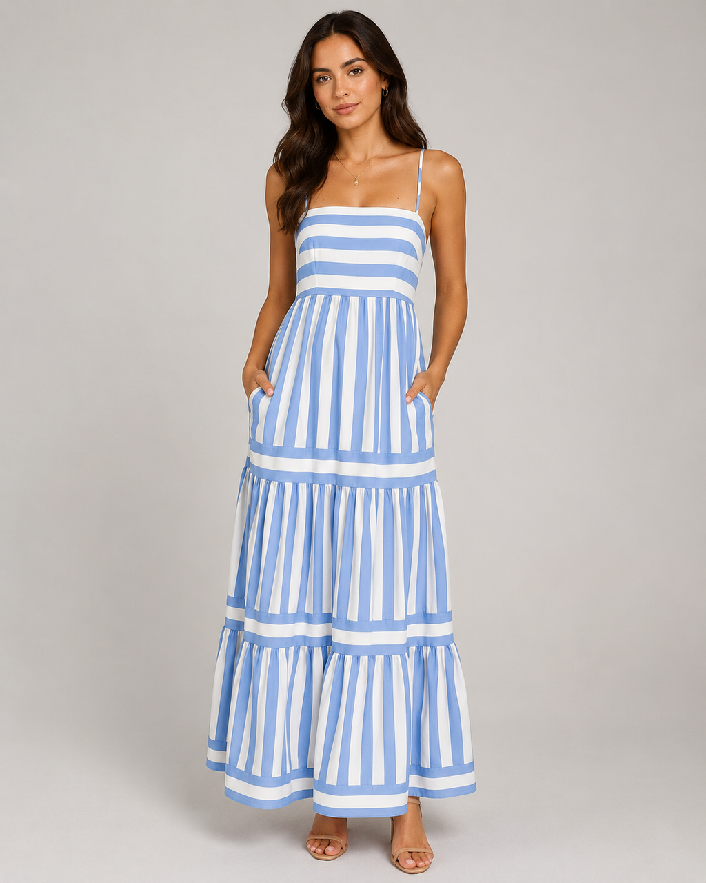 Striped Tiered Maxi Dress - Square Neck Spaghetti Strap Flowy Boho Summer Vacation Sundress