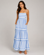 Striped Tiered Maxi Dress - Square Neck Spaghetti Strap Flowy Boho Summer Vacation Sundress