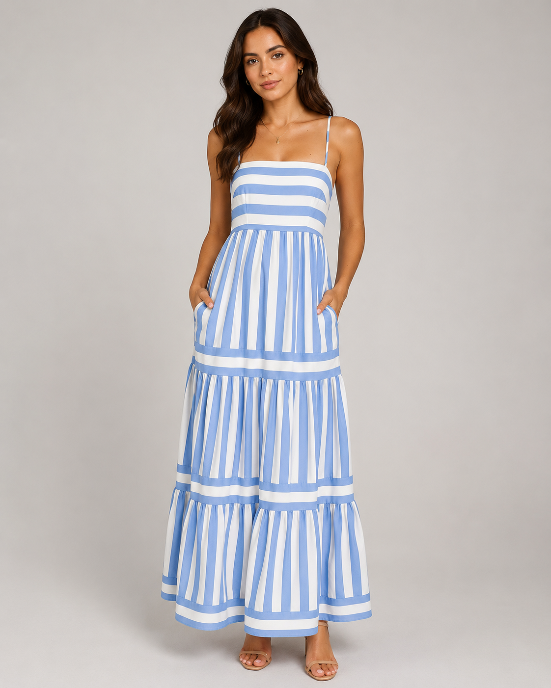 Striped Tiered Maxi Dress - Square Neck Spaghetti Strap Flowy Boho Summer Vacation Sundress