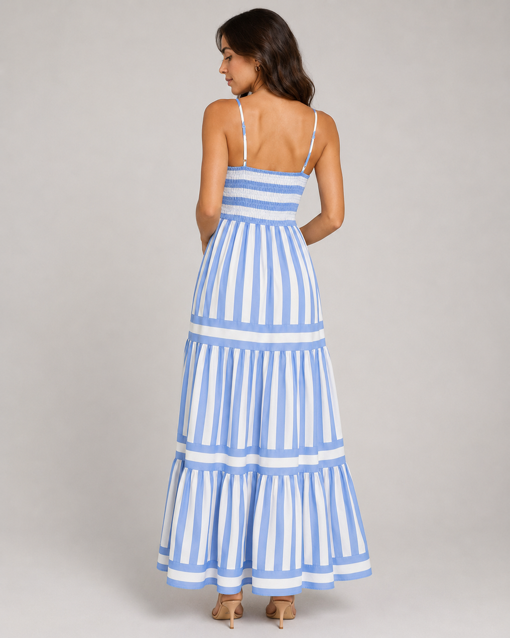Striped Tiered Maxi Dress - Square Neck Spaghetti Strap Flowy Boho Summer Vacation Sundress