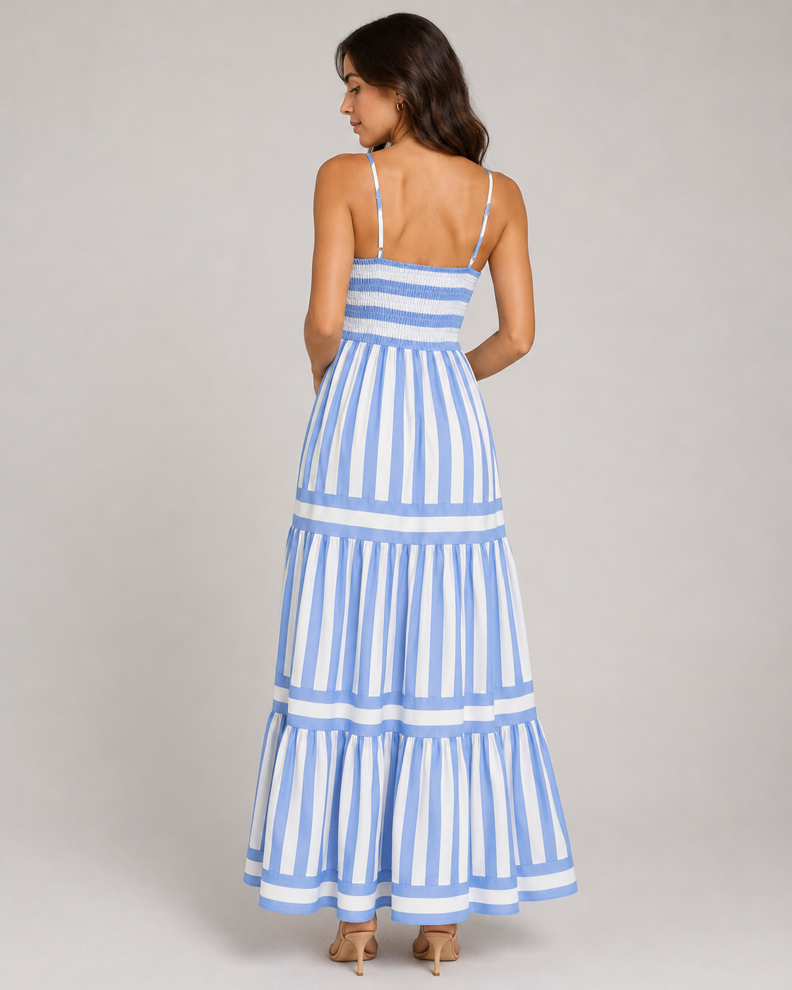 Striped Tiered Maxi Dress - Square Neck Spaghetti Strap Flowy Boho Summer Vacation Sundress