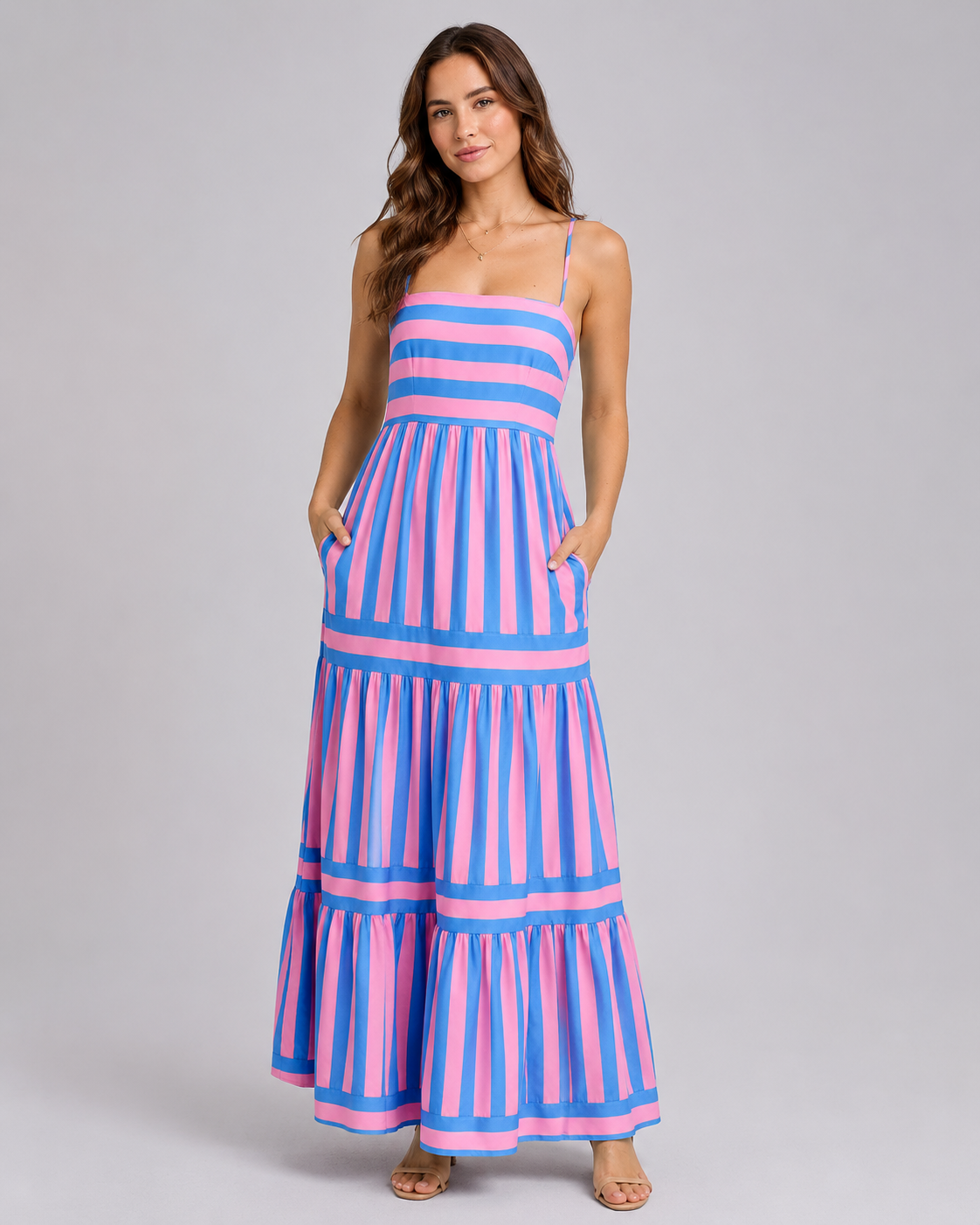 Striped Tiered Maxi Dress - Square Neck Spaghetti Strap Flowy Boho Summer Vacation Sundress