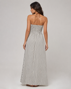 Striped Halter Maxi Dress - Deep V-Neck Backless Summer Vacation Beach Sundress - Luxxella