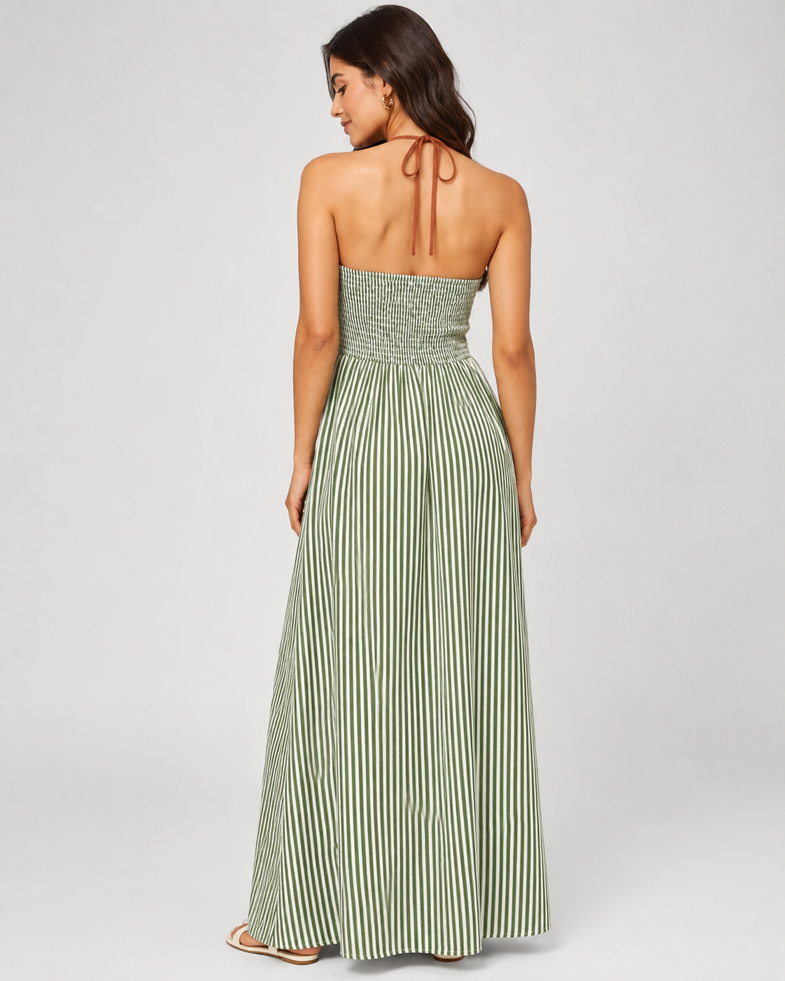Striped Halter Maxi Dress - Deep V-Neck Backless Summer Vacation Beach Sundress - Luxxella