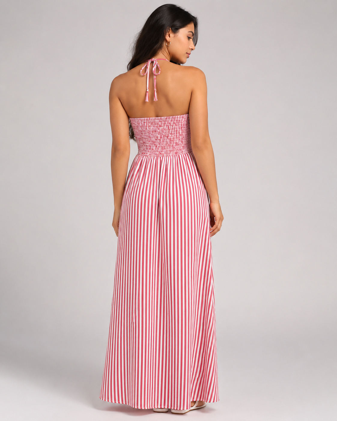 Striped Halter Maxi Dress - Deep V-Neck Backless Summer Vacation Beach Sundress - Luxxella