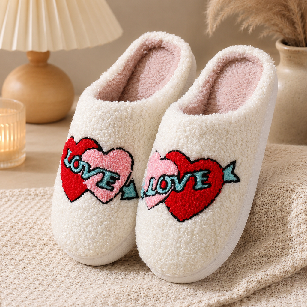 Fuzzy Heart Slippers - Cozy Cupid Love Indoor House Shoes - Luxxella