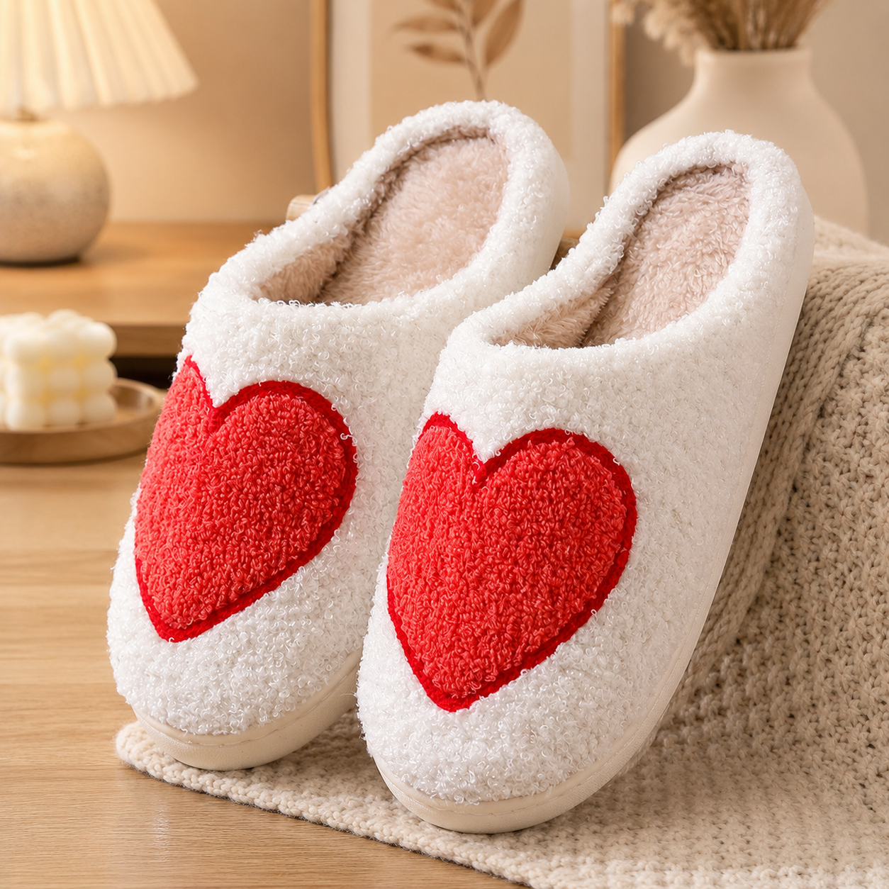 Fuzzy Heart Slippers - Cozy Cupid Love Indoor House Shoes - Luxxella