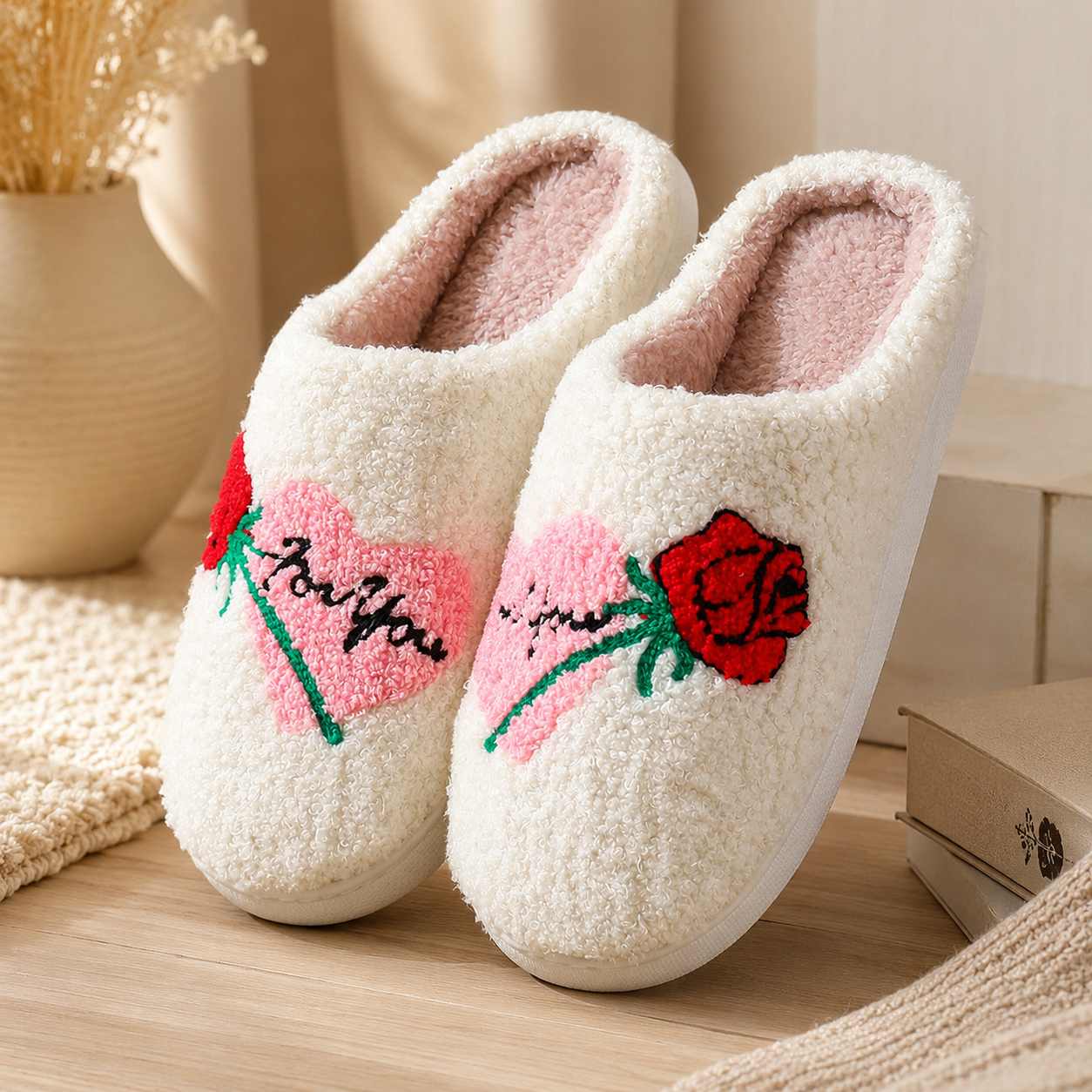 Fuzzy Heart Slippers - Cozy Cupid Love Indoor House Shoes - Luxxella