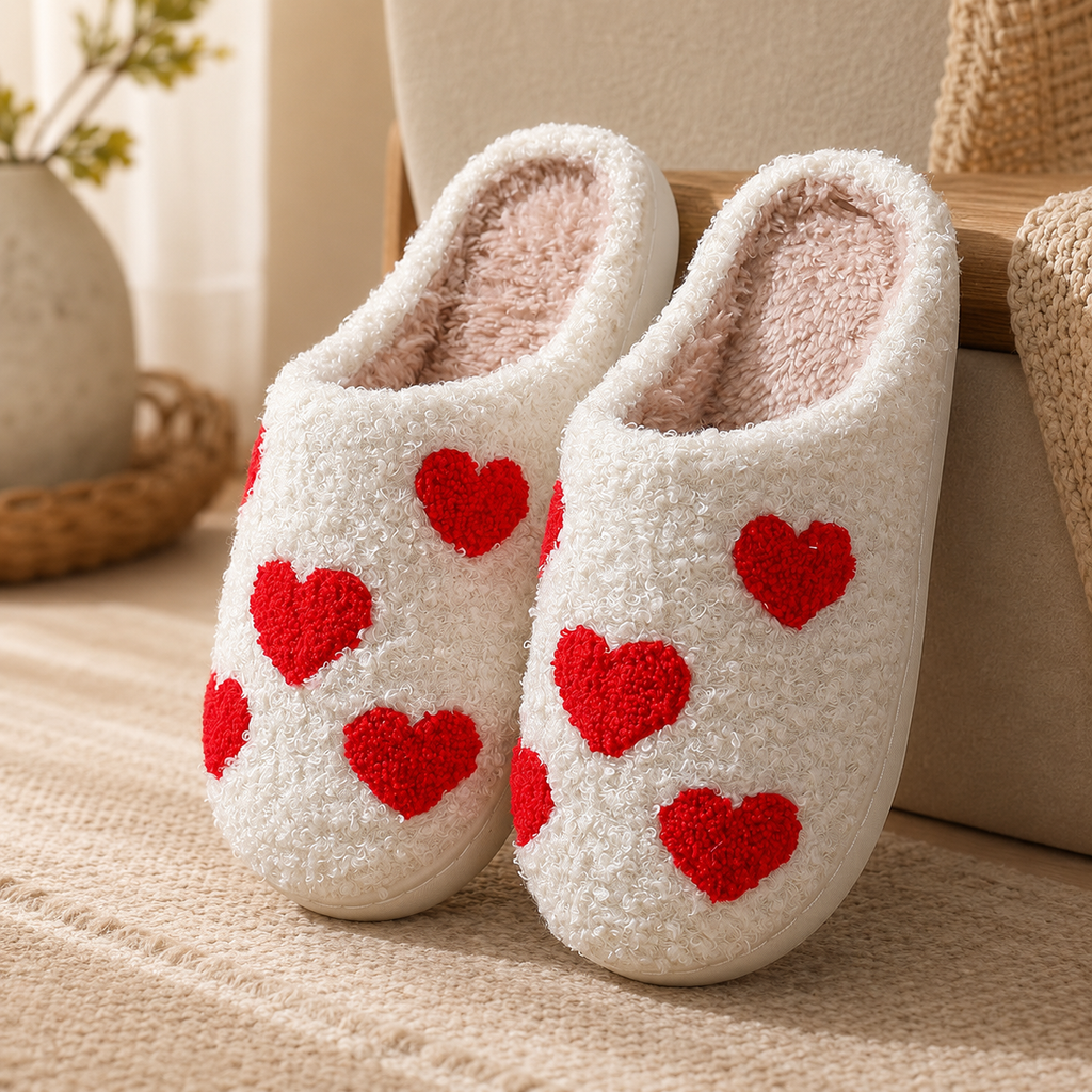 Fuzzy Heart Slippers - Cozy Cupid Love Indoor House Shoes - Luxxella