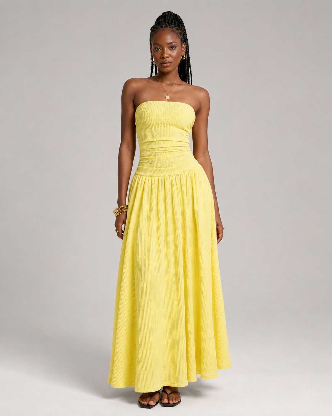 Textured Knit Maxi Dress - Ruched Drop Waist Tube Top Flowy Summer Vacation Sundress