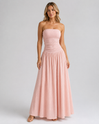 Textured Knit Maxi Dress - Ruched Drop Waist Tube Top Flowy Summer Vacation Sundress