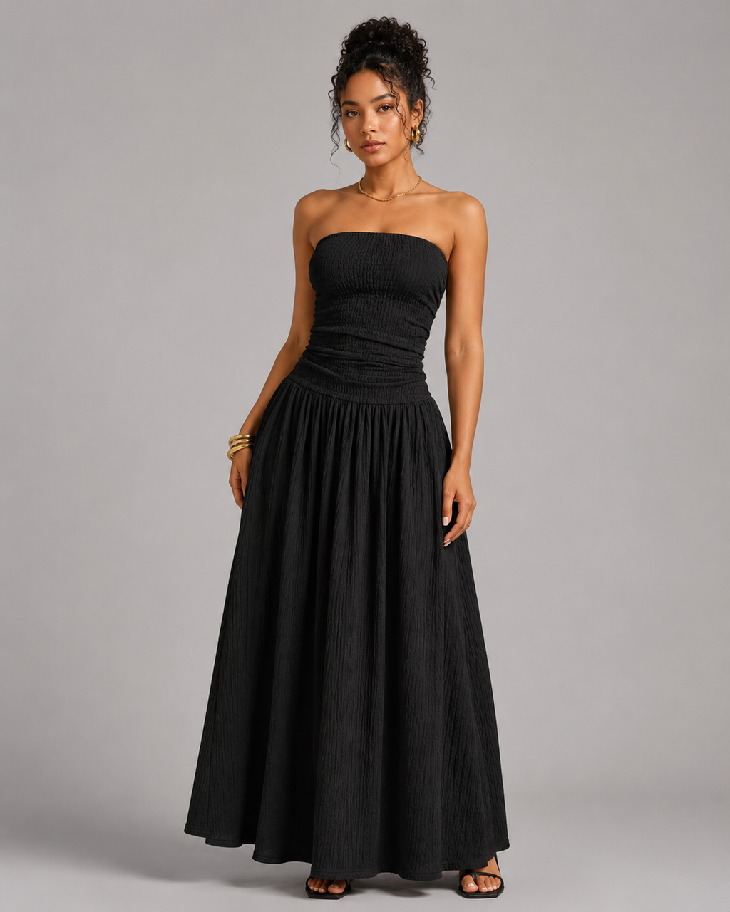Textured Knit Maxi Dress - Ruched Drop Waist Tube Top Flowy Summer Vacation Sundress