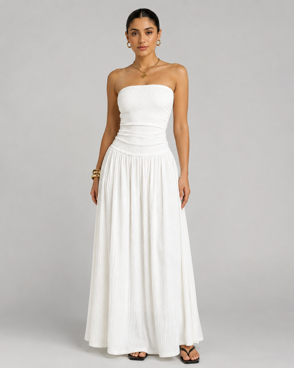 Textured Knit Maxi Dress - Ruched Drop Waist Tube Top Flowy Summer Vacation Sundress