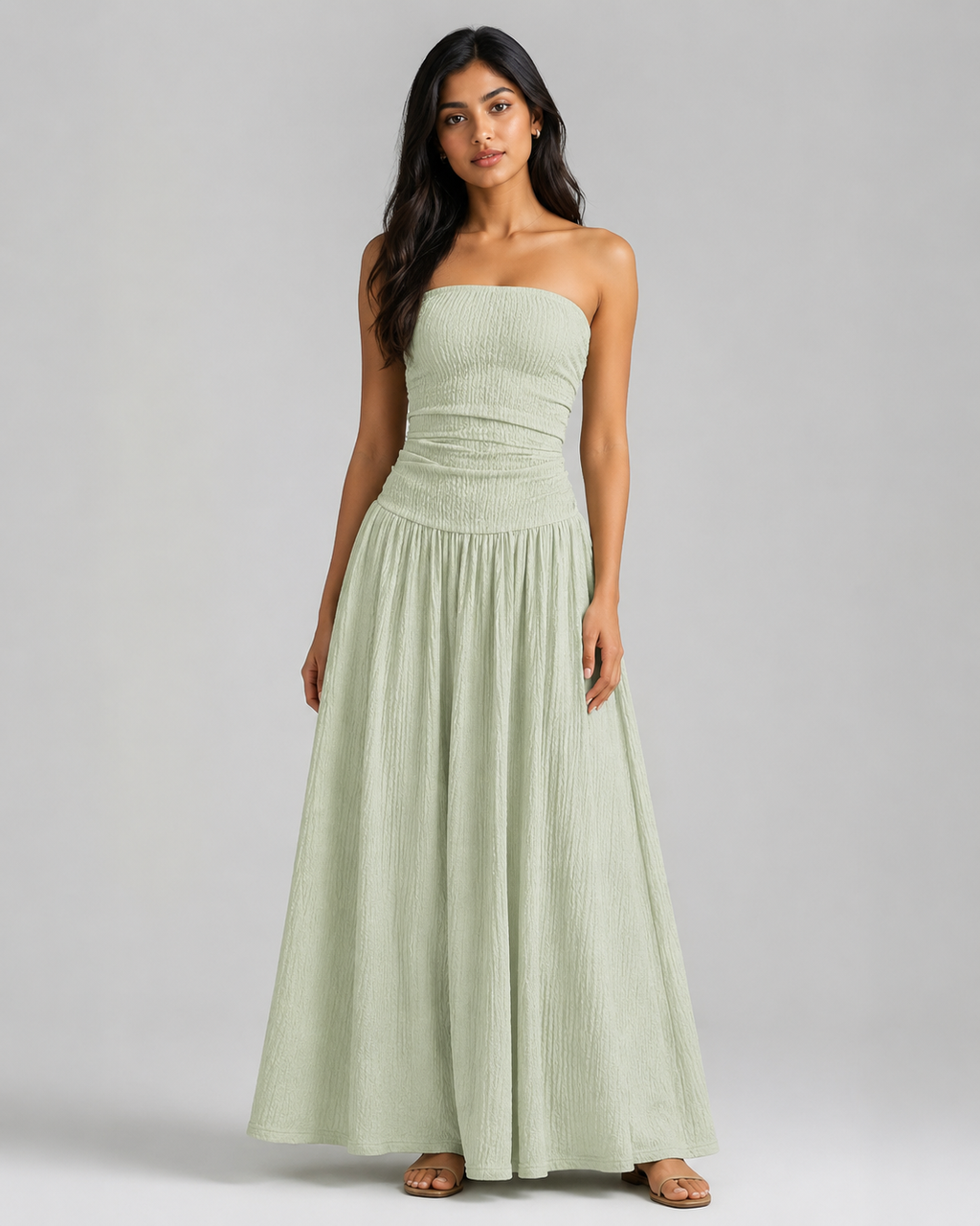 Textured Knit Maxi Dress - Ruched Drop Waist Tube Top Flowy Summer Vacation Sundress