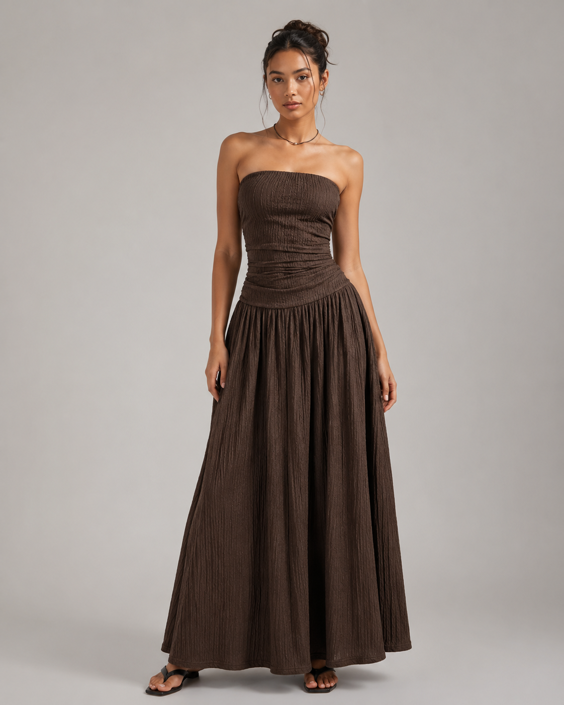 Women's Textured Knit Maxi Dress - Ruched Tube Top Drop Waist Sundress