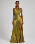 Thalia Metallic Pleated Halter Maxi Dress - Sleeveless High Slit Backless Evening Gown For Women - Luxxella