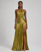 Thalia Metallic Pleated Halter Maxi Dress - Sleeveless High Slit Backless Evening Gown For Women - Luxxella