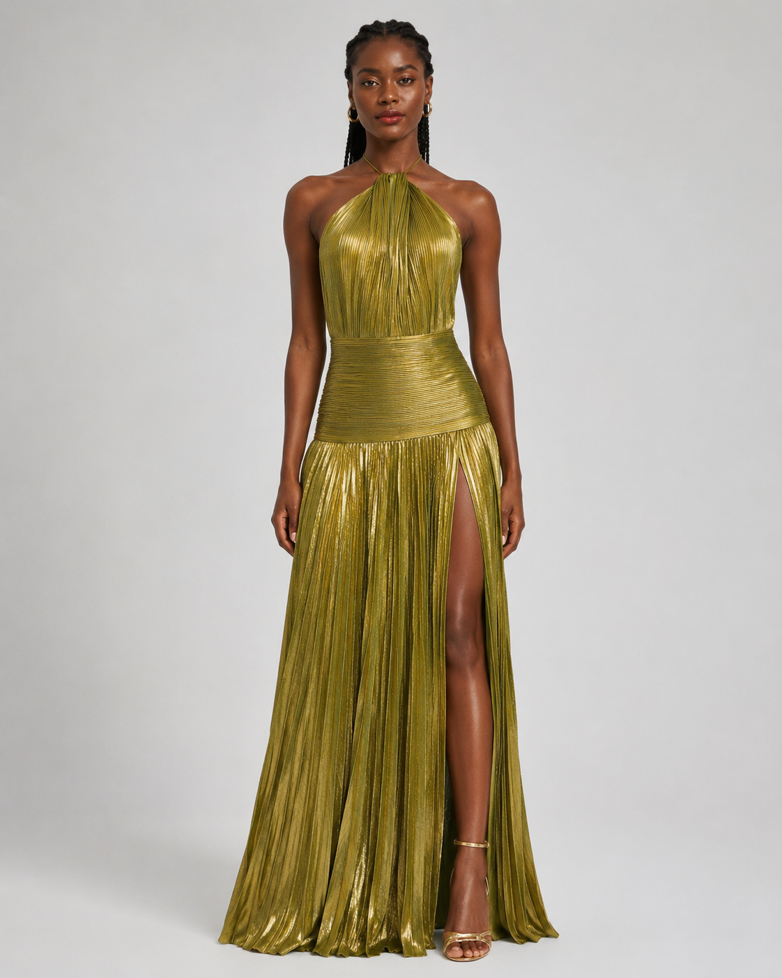 Thalia Metallic Pleated Halter Maxi Dress - Sleeveless High Slit Backless Evening Gown For Women - Luxxella