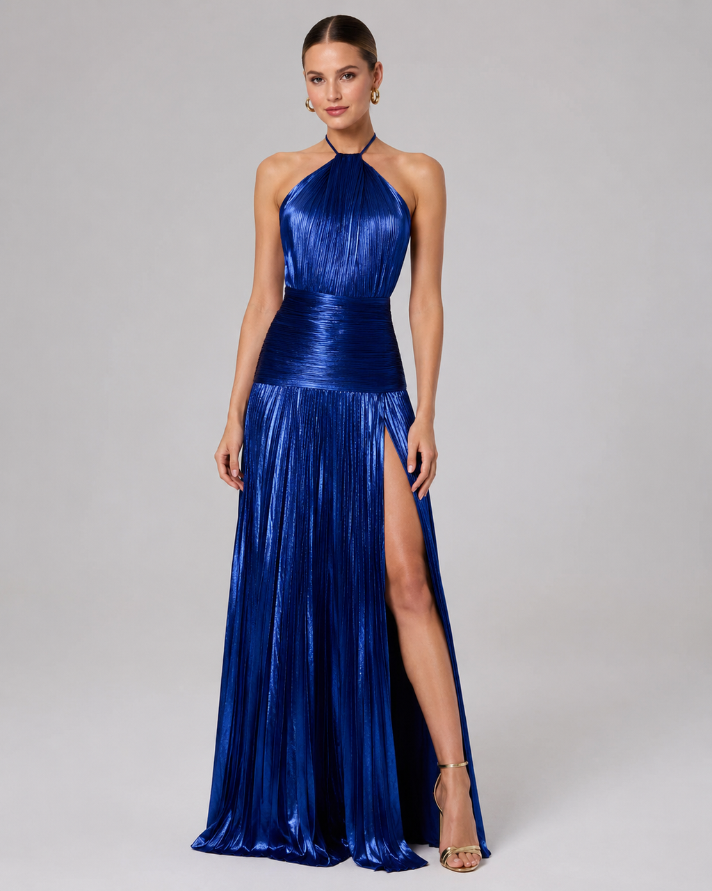 Thalia Metallic Pleated Halter Maxi Dress - Sleeveless High Slit Backless Evening Gown For Women - Luxxella