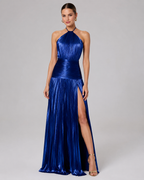 Thalia Metallic Pleated Halter Maxi Dress - Sleeveless High Slit Backless Evening Gown For Women - Luxxella