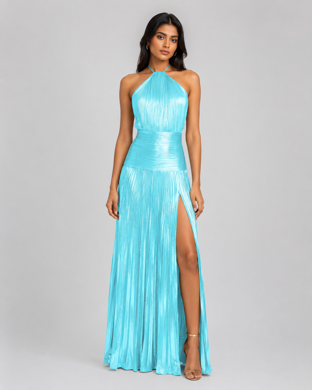 Thalia Metallic Pleated Halter Maxi Dress - Sleeveless High Slit Backless Evening Gown For Women - Luxxella