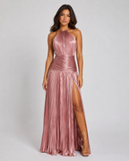 Thalia Metallic Pleated Halter Maxi Dress - Sleeveless High Slit Backless Evening Gown For Women - Luxxella