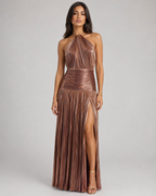 Thalia Metallic Pleated Halter Maxi Dress - Sleeveless High Slit Backless Evening Gown For Women - Luxxella