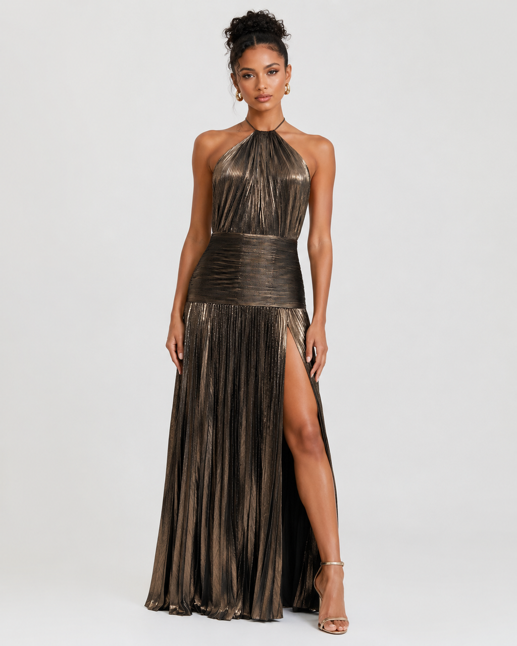 Thalia Metallic Pleated Halter Maxi Dress - Sleeveless High Slit Backless Evening Gown For Women - Luxxella