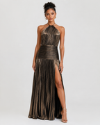 Thalia Metallic Pleated Halter Maxi Dress - Sleeveless High Slit Backless Evening Gown For Women - Luxxella