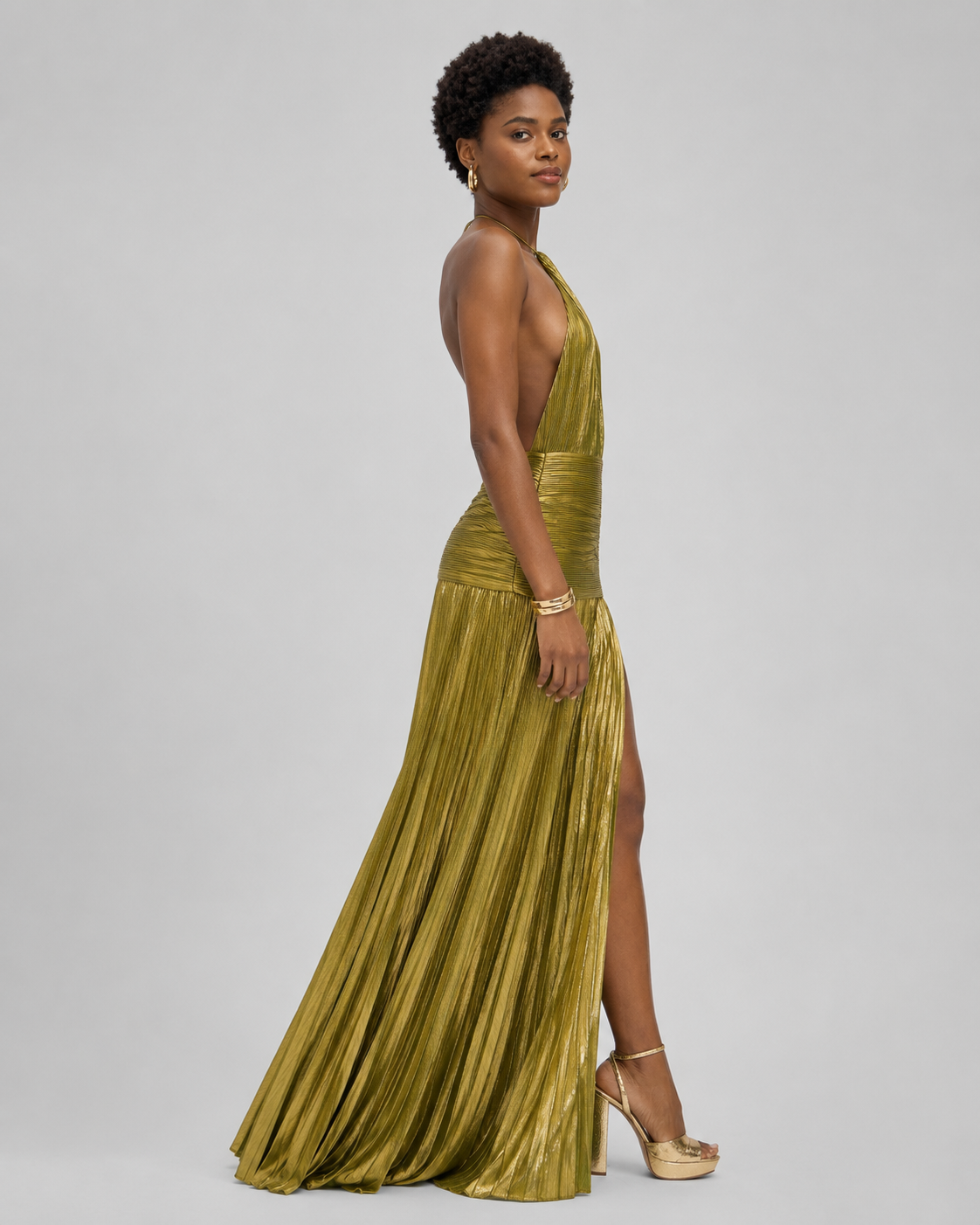 retrofete thalia pleated metallic halter side-slit drop-waist maxi dress Rodeo Retrofete
