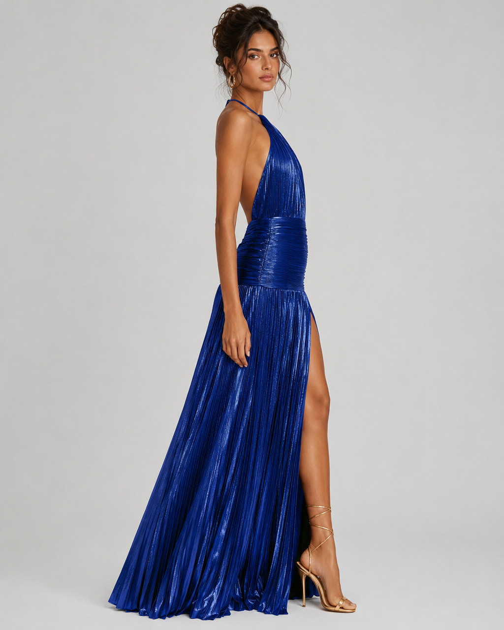 Thalia Metallic Pleated Halter Maxi Dress - Sleeveless High Slit Backless Evening Gown For Women - Luxxella