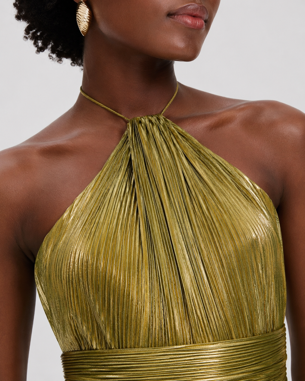 Thalia Metallic Pleated Halter Maxi Dress - Sleeveless High Slit Backless Evening Gown For Women - Luxxella