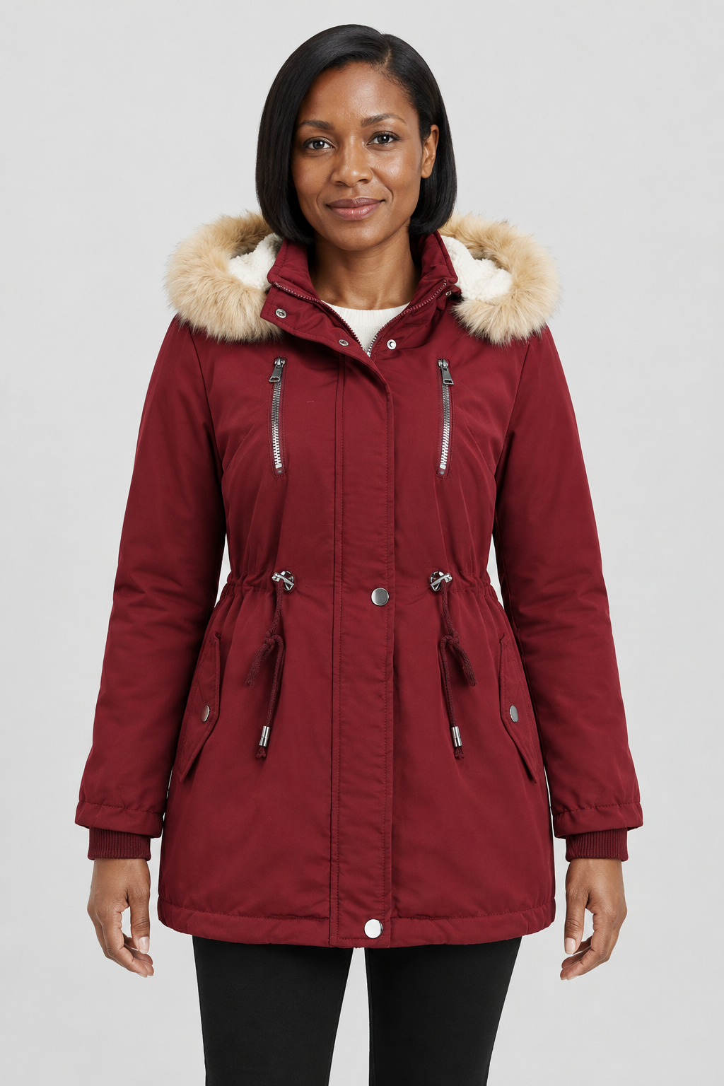 Winter Parka Coat Faux Fur Hooded Sherpa-Lined Jacket Warm Fleece Anorak Outerwear