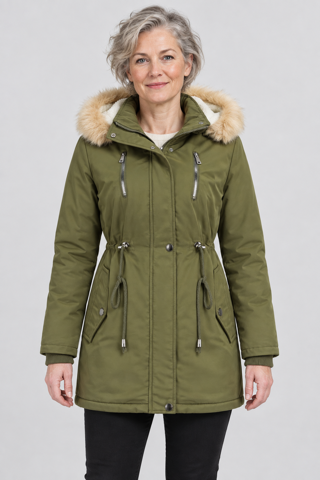 Winter Parka Coat Faux Fur Hooded Sherpa-Lined Jacket Warm Fleece Anorak Outerwear