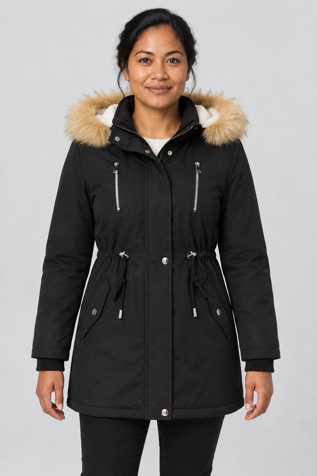 Winter Parka Coat Faux Fur Hooded Sherpa-Lined Jacket Warm Fleece Anorak Outerwear