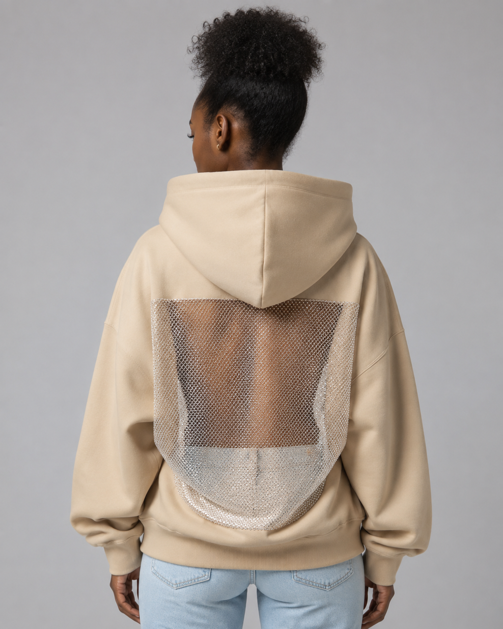 Women's Backless Rhinestone Mesh Hoodie - Open Back Oversized Crystal Chain Sweatshirt for nights out - Luxxella