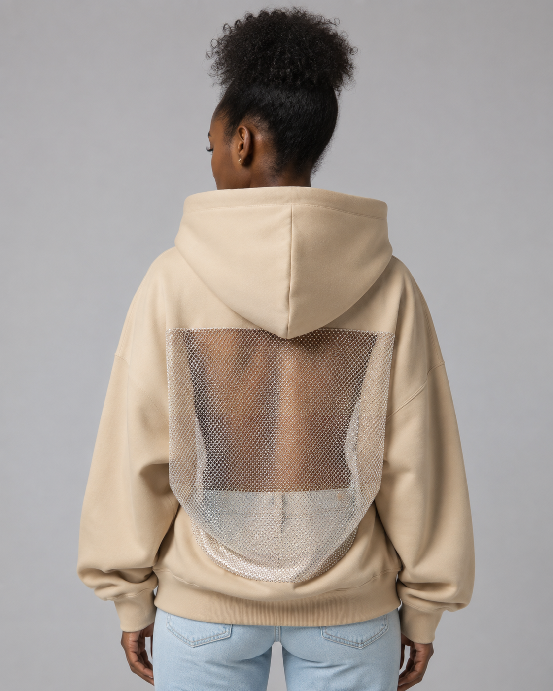 Women's Backless Rhinestone Mesh Hoodie - Open Back Oversized Crystal Chain Sweatshirt for nights out - Luxxella