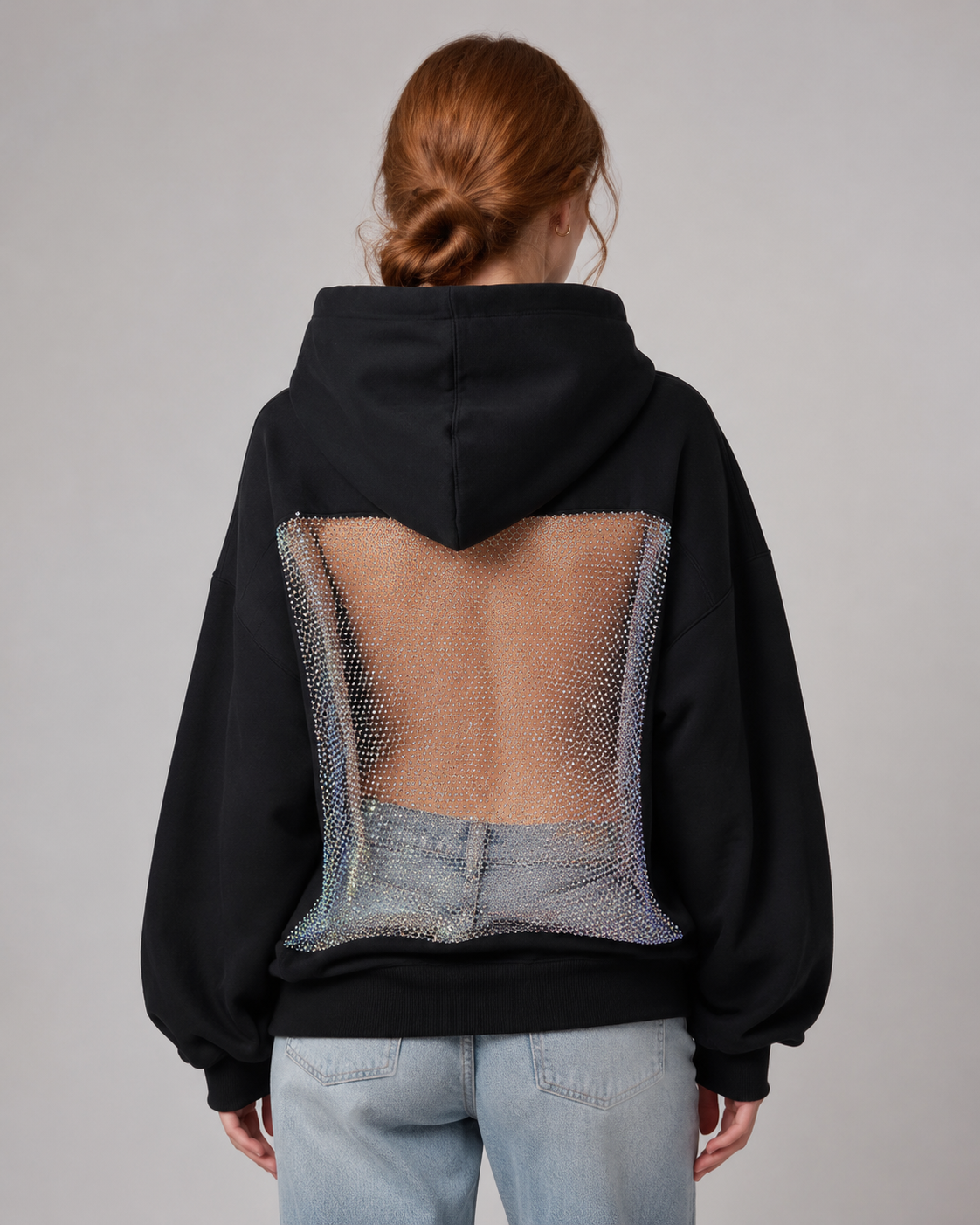 Women's Backless Rhinestone Mesh Hoodie - Open Back Oversized Crystal Chain Sweatshirt for nights out - Luxxella