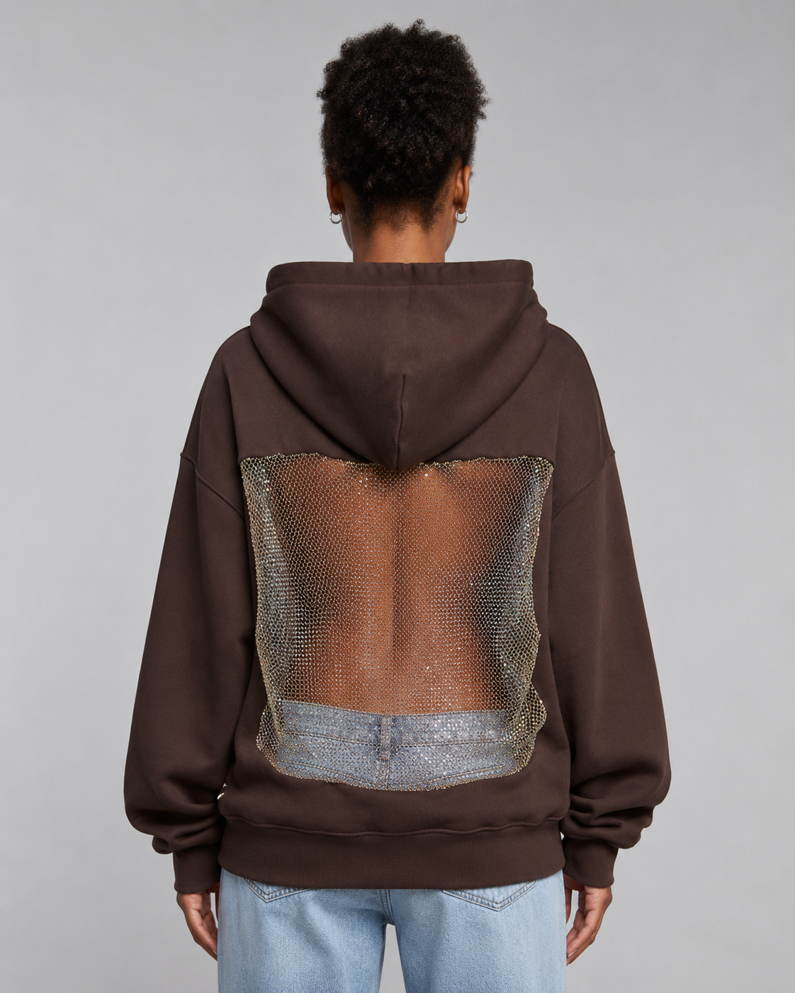 Women's Backless Rhinestone Mesh Hoodie - Open Back Oversized Crystal Chain Sweatshirt for nights out - Luxxella