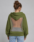 Women's Backless Rhinestone Mesh Hoodie - Open Back Oversized Crystal Chain Sweatshirt for nights out - Luxxella