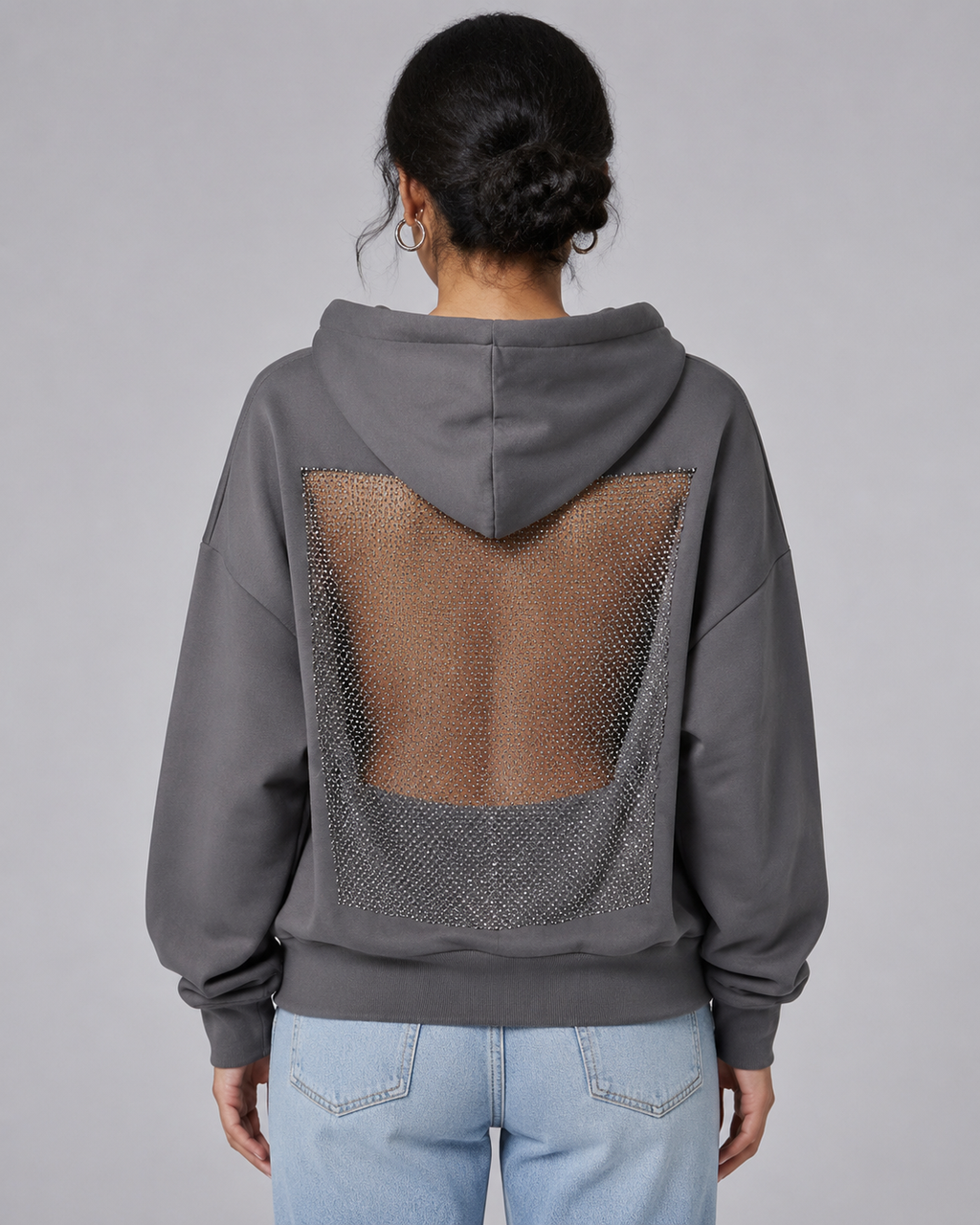 Women's Backless Rhinestone Mesh Hoodie - Open Back Oversized Crystal Chain Sweatshirt for nights out - Luxxella