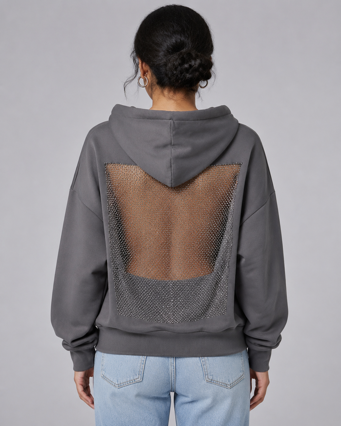Women's Backless Rhinestone Mesh Hoodie - Open Back Oversized Crystal Chain Sweatshirt for nights out - Luxxella