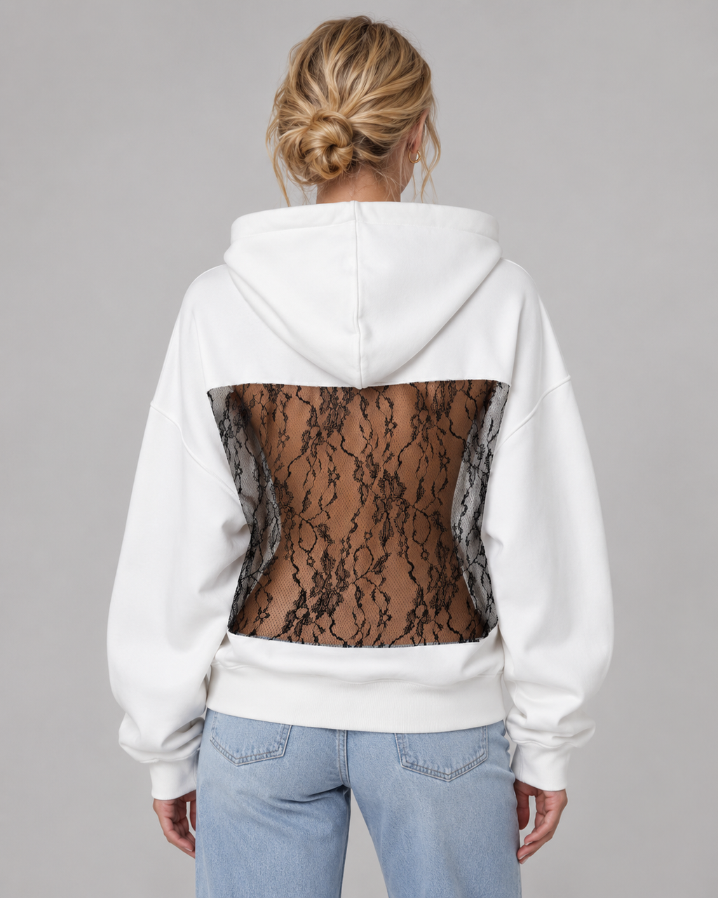 Women's Backless Rhinestone Mesh Hoodie - Open Back Oversized Crystal Chain Sweatshirt for nights out - Luxxella
