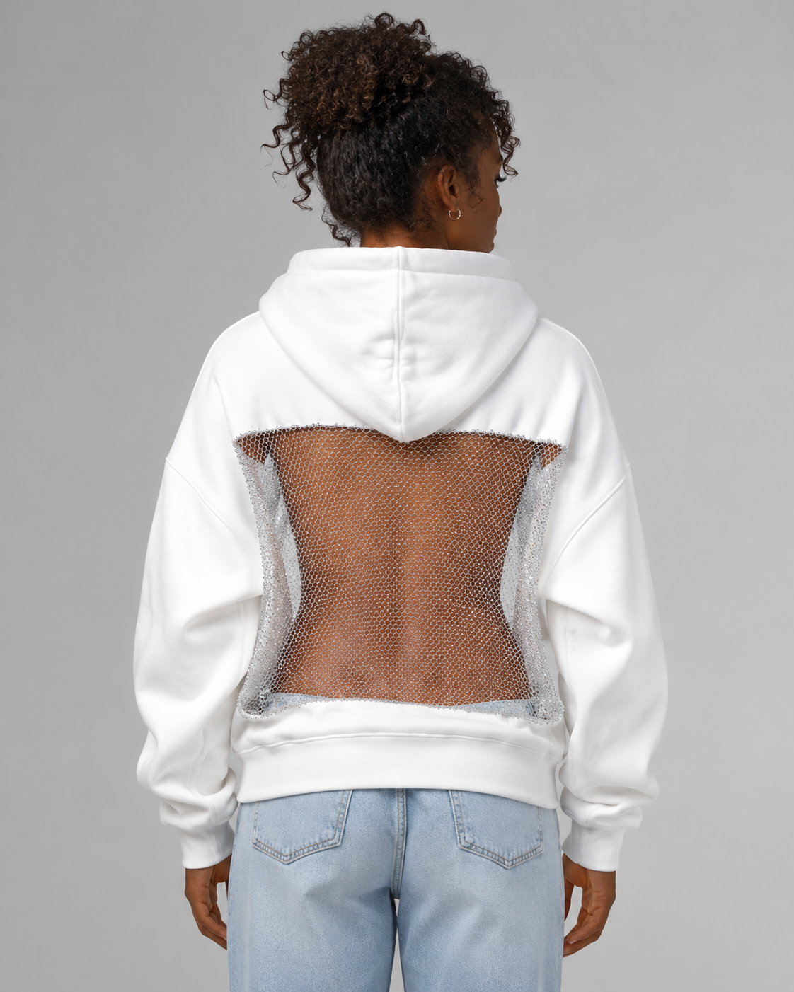 Women's Backless Rhinestone Mesh Hoodie - Open Back Oversized Crystal Chain Sweatshirt for nights out - Luxxella