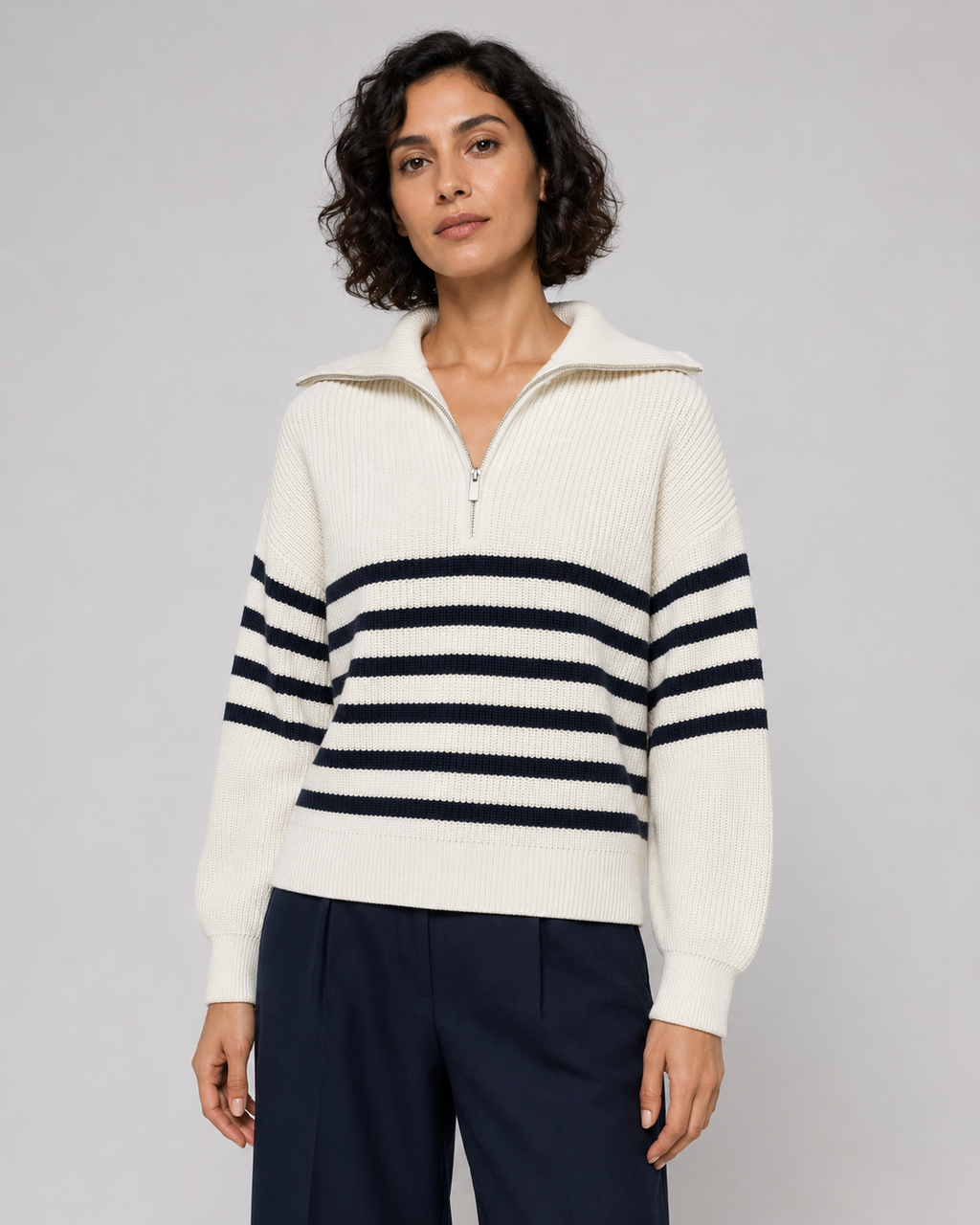 Women’s Breton Stripe Quarter-Zip Jumper - Fall Winter Heavyweight Wool-Cotton Sweater - Luxxella