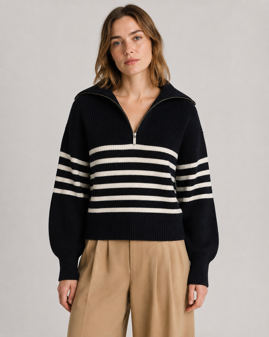 Women’s Breton Stripe Quarter-Zip Jumper - Fall Winter Heavyweight Wool-Cotton Sweater - Luxxella