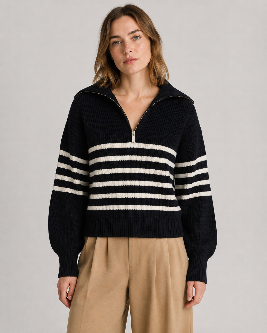 Women’s Breton Stripe Quarter-Zip Jumper - Fall Winter Heavyweight Wool-Cotton Sweater - Luxxella