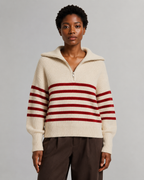 Women’s Breton Stripe Quarter-Zip Jumper - Fall Winter Heavyweight Wool-Cotton Sweater - Luxxella
