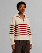 Women’s Breton Stripe Quarter-Zip Jumper - Fall Winter Heavyweight Wool-Cotton Sweater - Luxxella